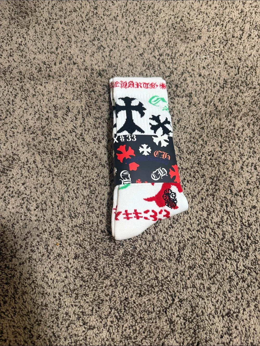 Chrome Hearts White Crew Socks with Red, Black & Green Graphics